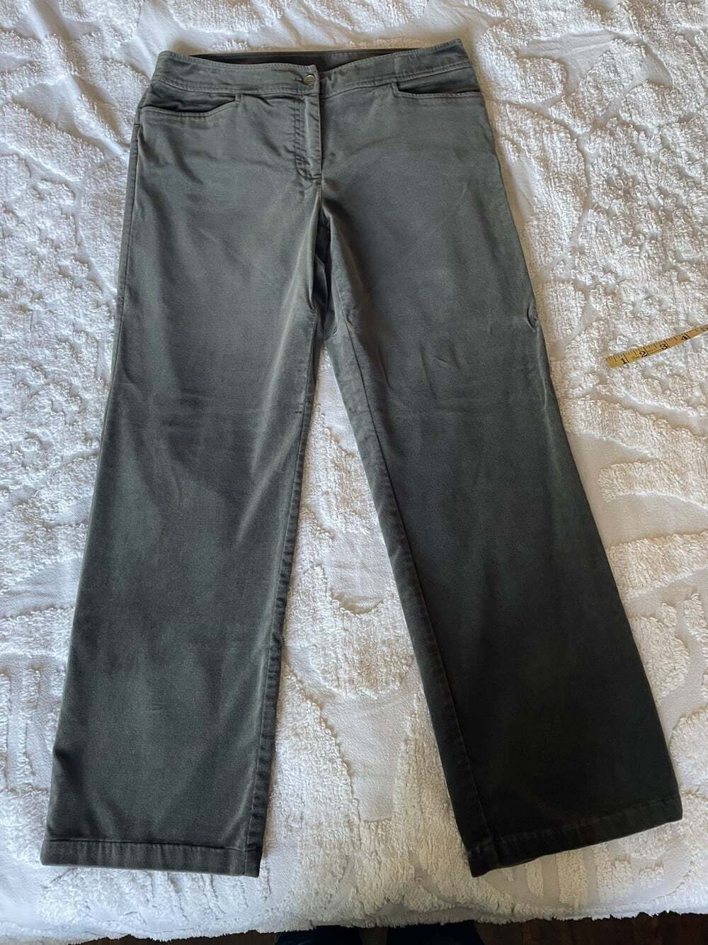 Eileen Fisher Velvet Pants Gray Olive Green Straight Leg Stretch Zip Button Sz S